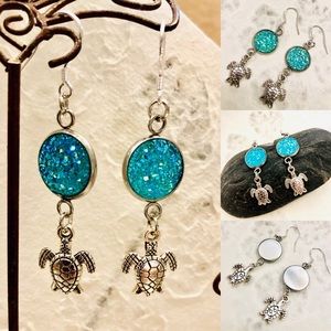 Blue Druzy with Silver Baby Sea Turtle Earrings